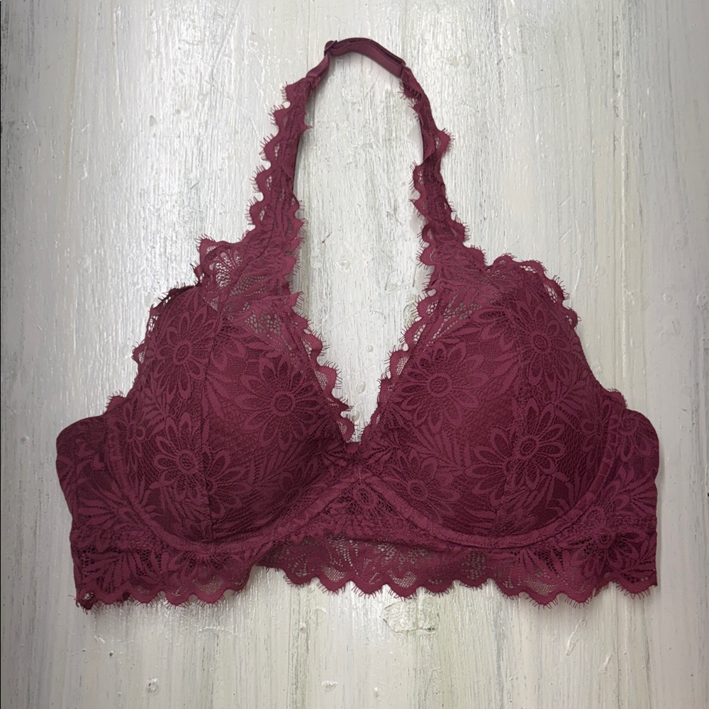 VS PINK Lace Halter Bralette Mauve/Dark Pink Floral Lace Pattern Sz L